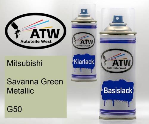 Mitsubishi, Savanna Green Metallic, G50: 400ml Sprühdose + 400ml Klarlack - Set, von ATW Autoteile West.